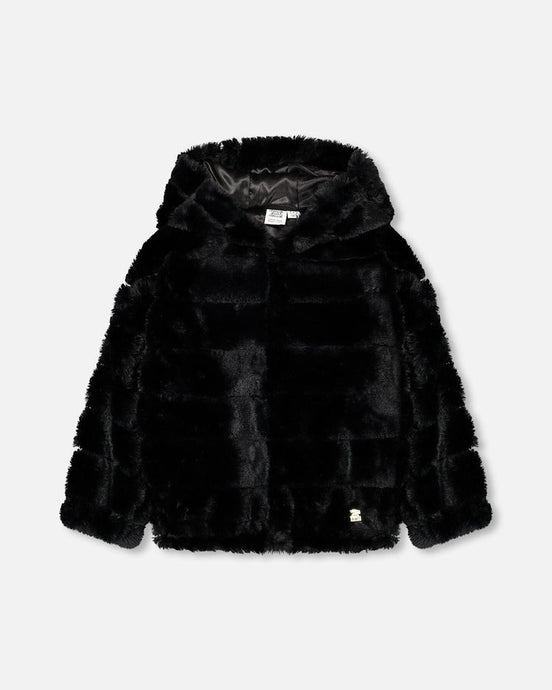 Black Hooded Faux Fur Zip Jacket