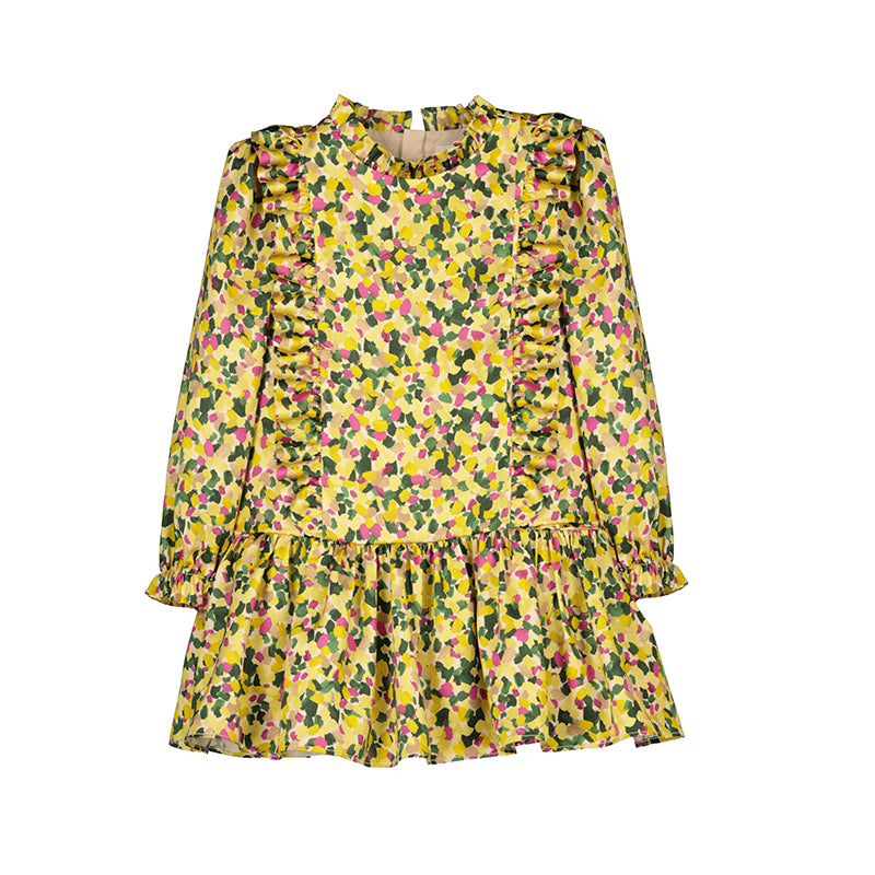 Yellow Printed Satin Ruffle Dress