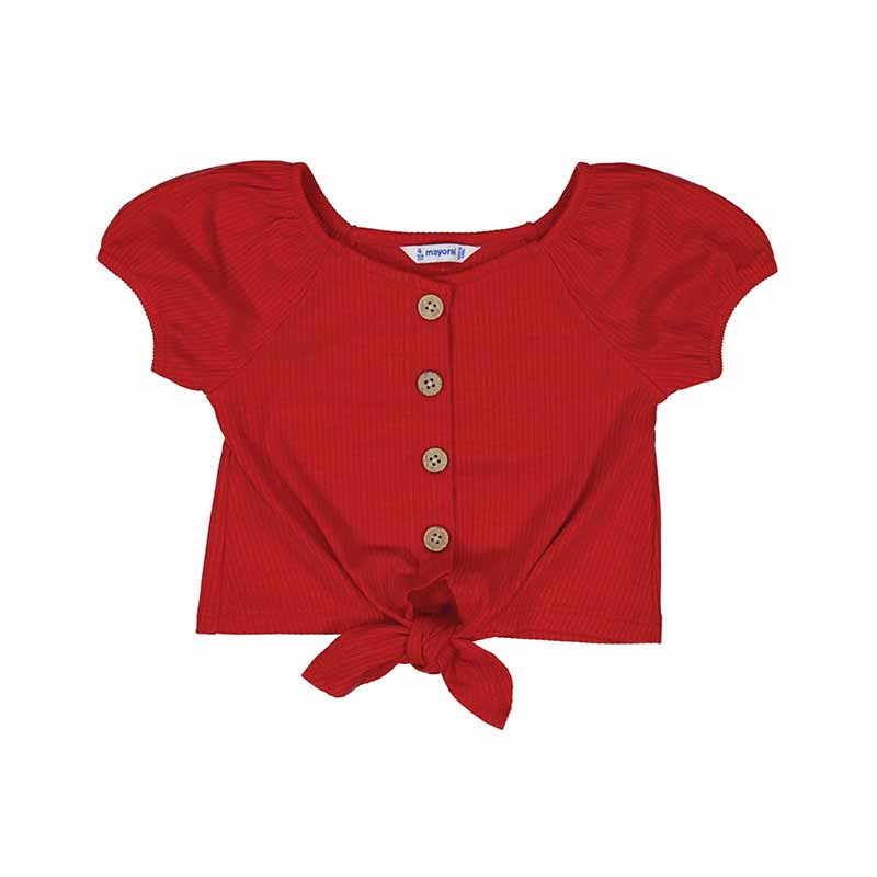 Red Cropped Button Tie Front Top