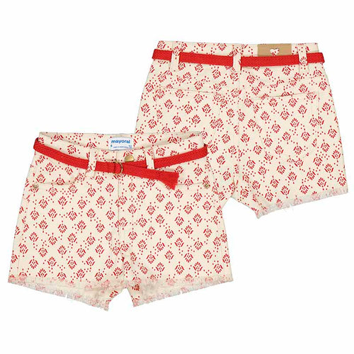 Red Print Belted Shorts