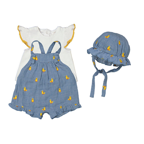 Embroidered Duck Ruffle Overal & Hat Set