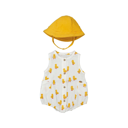 White Allover Duck Print Button Front Bubble With Hat