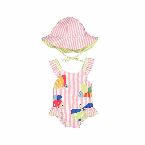 Pink Stripe Bug Baby Swimsuit & Hat Set