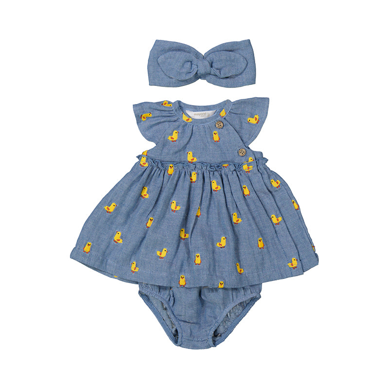 Denim Duck Embroidery Baby Dress With Headband