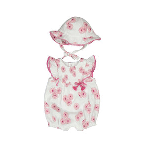 Juicy Pink Floral Ruffle Romper With Hat