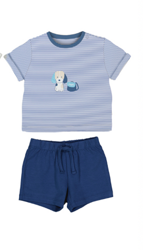 Blue Stripe Doggy Graphic Tee & Blue Short Set