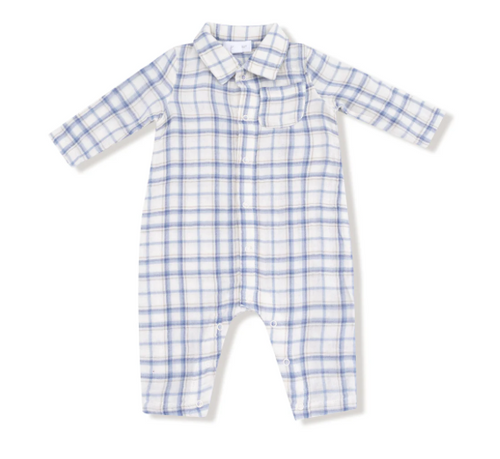 Blue Plaid Long Sleeve Polo Romper