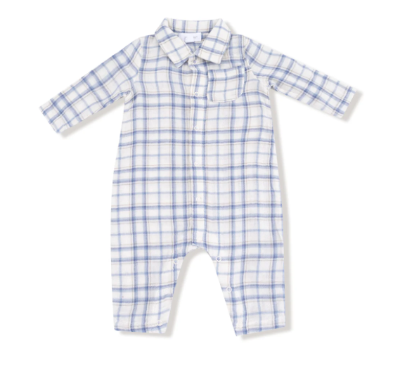 Blue Plaid Long Sleeve Polo Romper