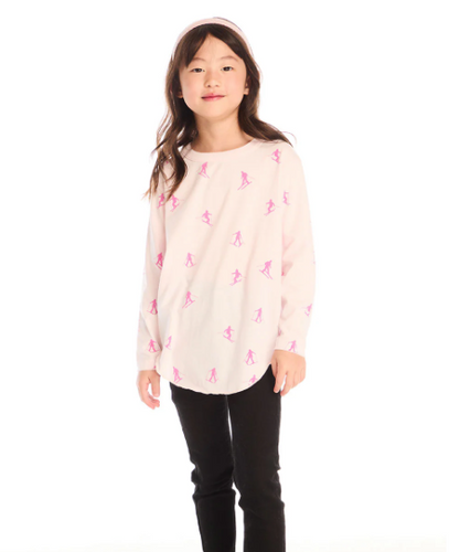 Pink Skiers Long Sleeve Shirttail Tee