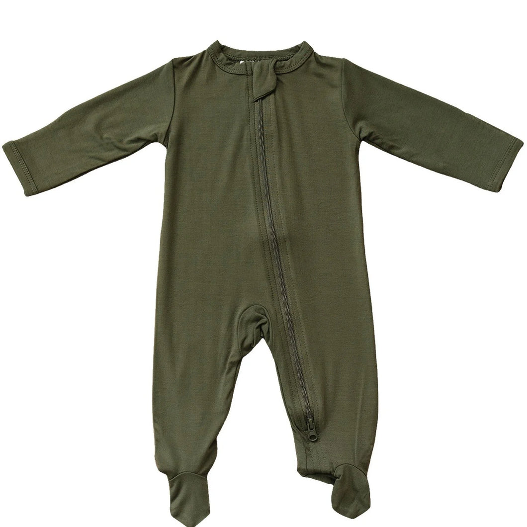 Olive Bamboo Zipper Footie