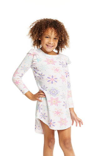 Snowflake Shirttail Dress With Shoulder Ruffle