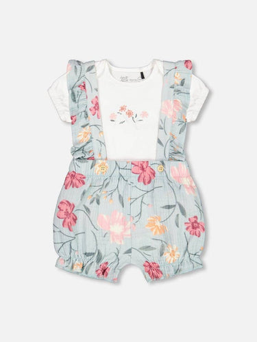 Light Blue With Flowers Shortalls And Onesie Set
