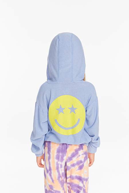 Blue Smiley Semi Cropped Shirred Hoodie
