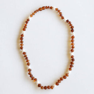 Raw Cognac Amber + Pearl Halo Necklace 12"