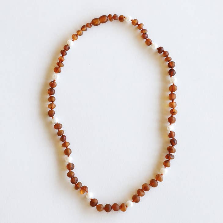 Raw Cognac Amber + Pearl Halo Necklace 12