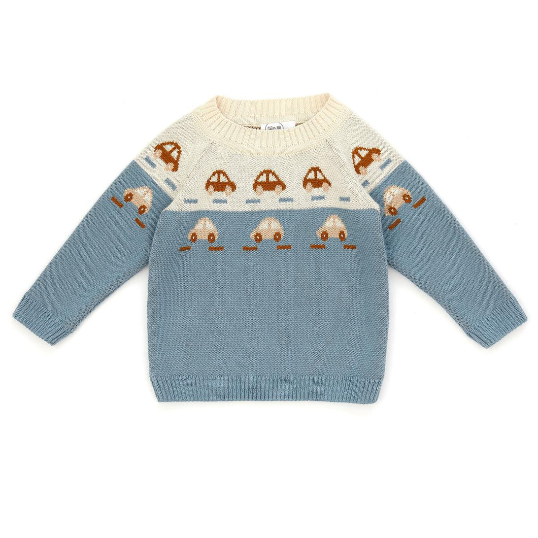 Steel Blue Cars Knit Baby Sweater