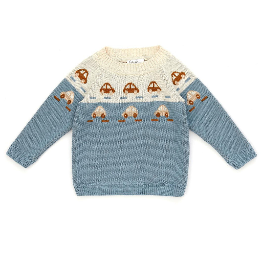 Steel Blue Cars Knit Baby Sweater