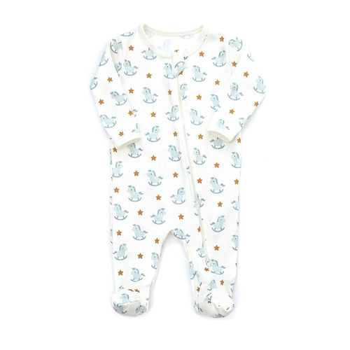 Natural Light Blue Rocking Horses Zip Footie