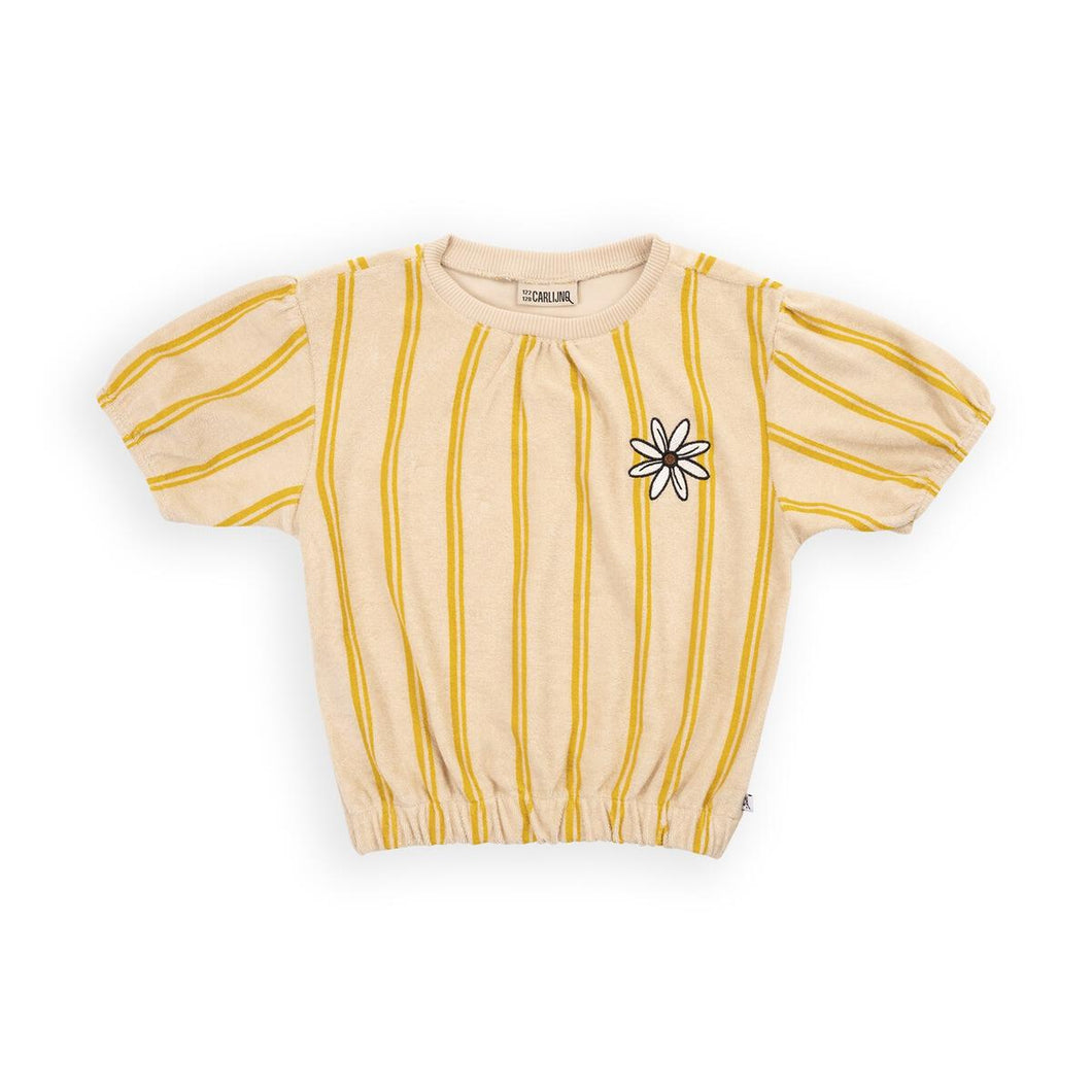 Yellow Striped Daisy Puffed Sleeve Shirt