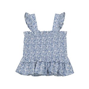 Blue Smocked Ruffle Top