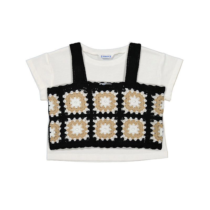 Black Cream Embroidered Overlay Top