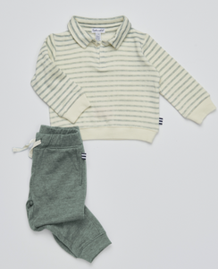 Olive Stripe Long Sleeve Polo Set