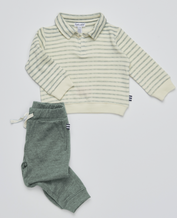 Olive Stripe Long Sleeve Polo Set
