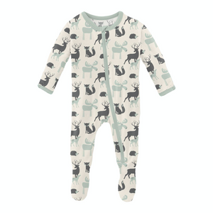 Natural Forest Animals Print Footie With Zipper