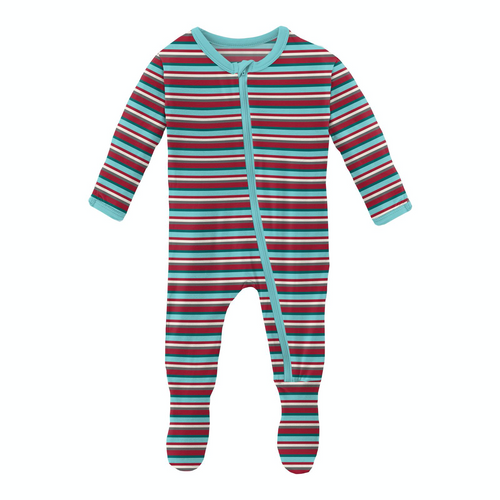 Christmas Stripe Print Footie With Zipper