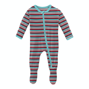 Christmas Stripe Print Footie With Zipper