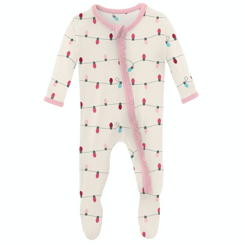 Natural Holiday Lights Print Muffin Ruffle Footie With Zipper