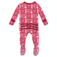 Load image into Gallery viewer, Winter Rose Presents Print Muffin Ruffle Footie With Zipper
