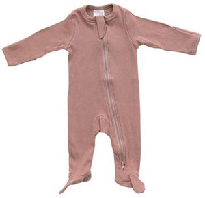 Dusty Rose Organic Cotton Ribbed Footed Zipper One Piece